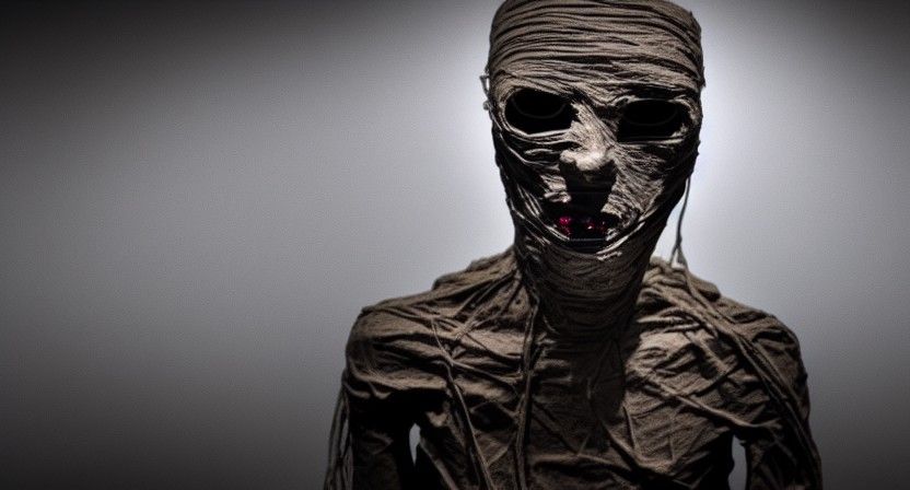 Mummified Man with Glowing Eyes in Dark Room