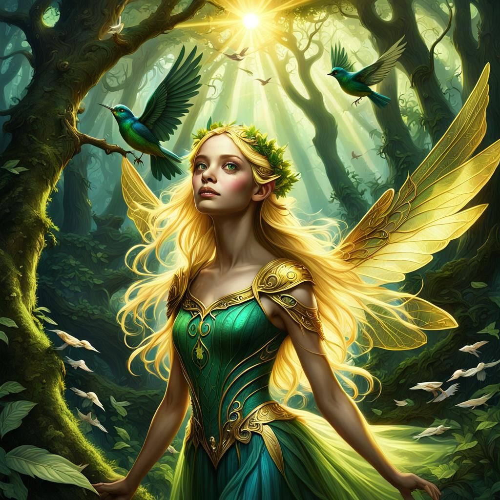 Green Fairy with Golden Hair in Forest, Detailed Matte Paint...