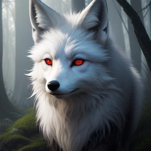 White Fox with Red Eyes in Fantasy Forest