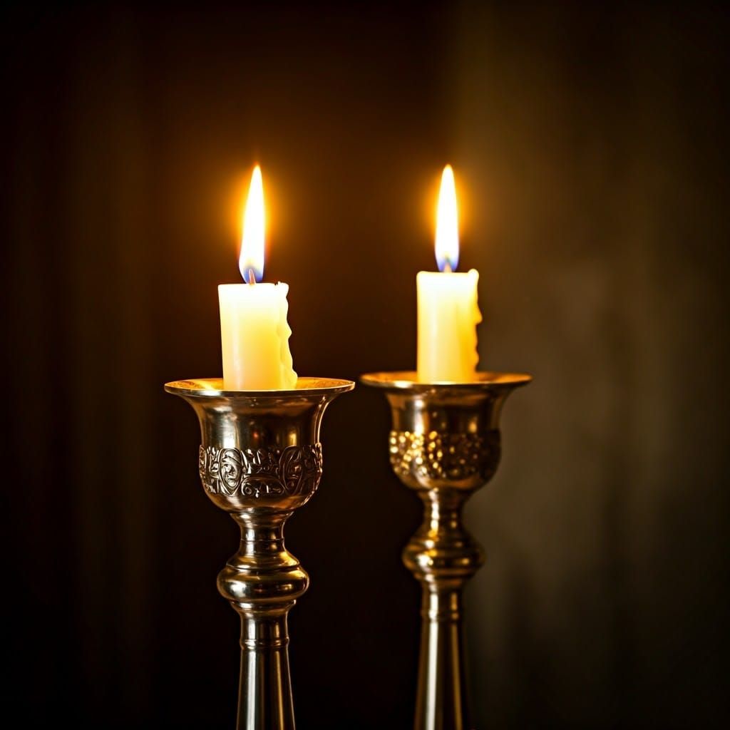 Golden Shabbat Candles in Ornate Candelabras, Dark Backgroun...
