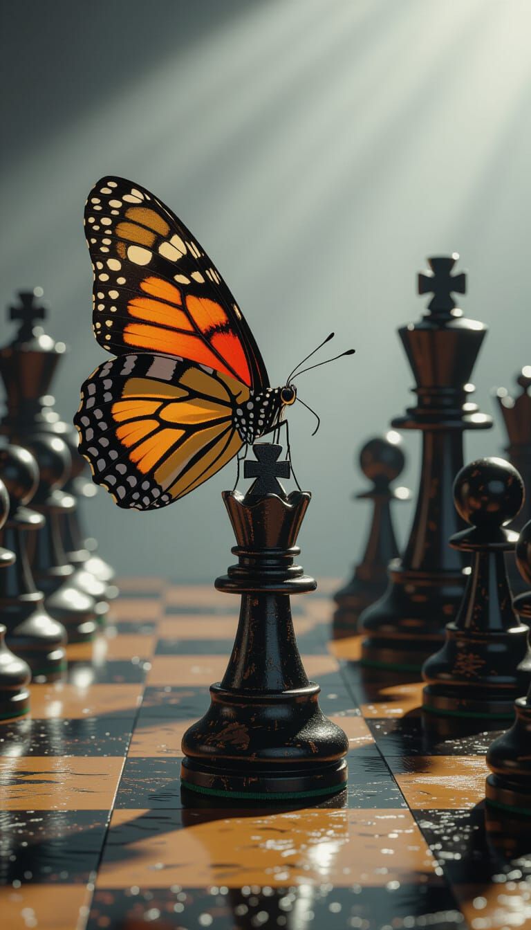Butterfly on Chess Knight in Dark Noir Style