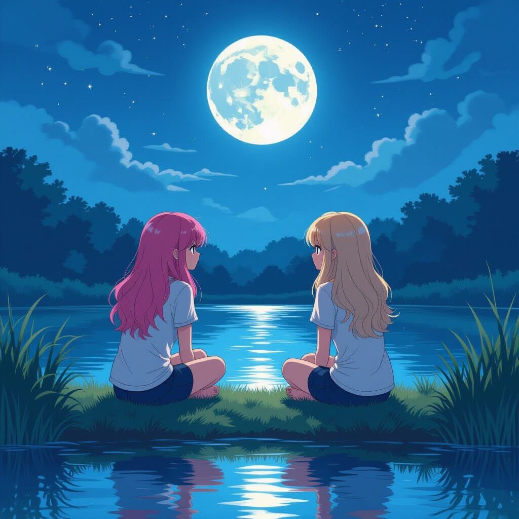 Anime Style Women Watching Moon by Pond