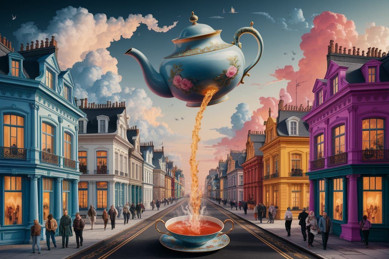 Surreal Teapot Cityscape in Vibrant Colors