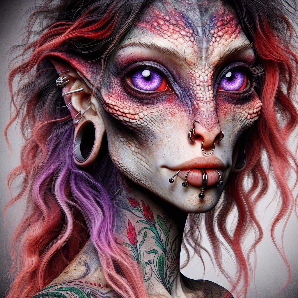 Exotic Lizard Woman Portrait in Oil Watercolor