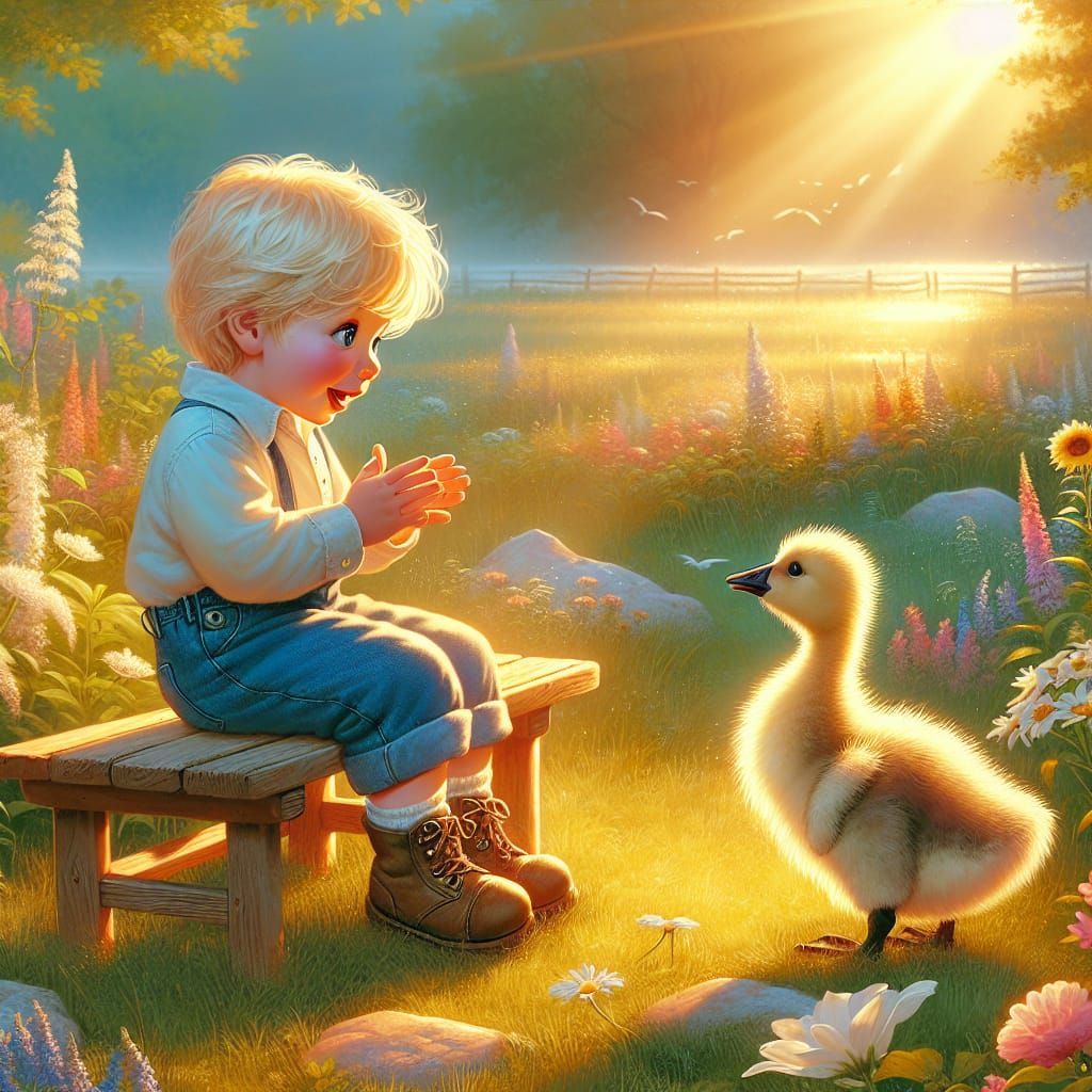 Boy and Gosling in Meadow: Digital Illustration