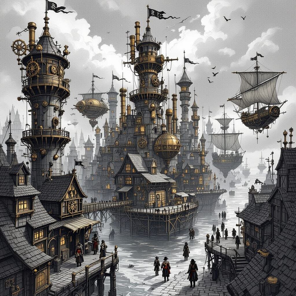 Steampunk Pirate City in Pencil Sketch Style
