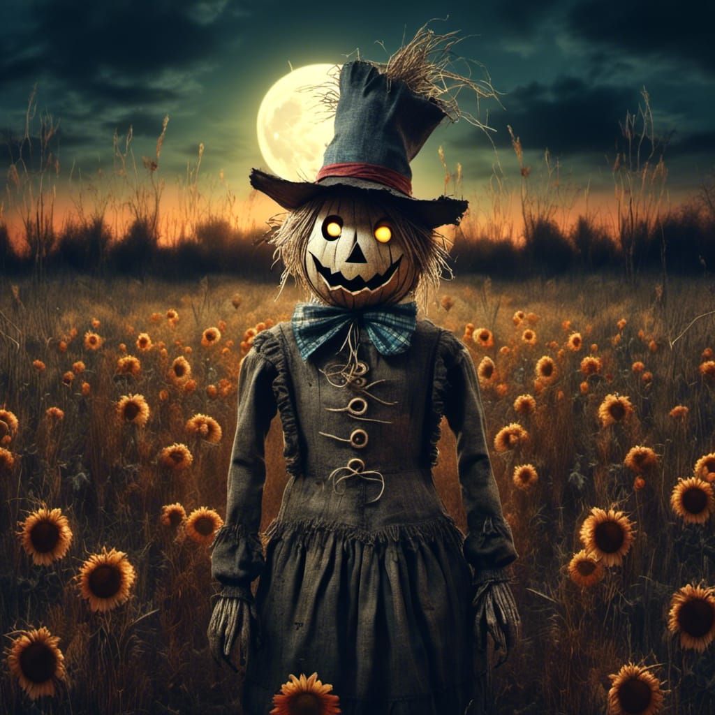 Creepy Scarecrow in Moonlit Field: A Haunting Portrait