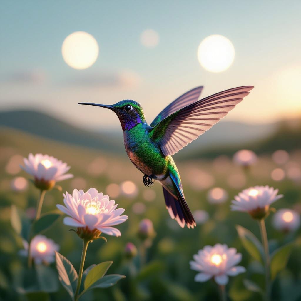 Mechanical Hummingbird Over Crystal Flowers in Dual-Sun Sky
