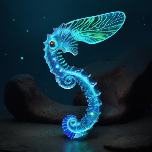 Metallic Bioluminescent Seahorse Dragonfly with Opalescent A...