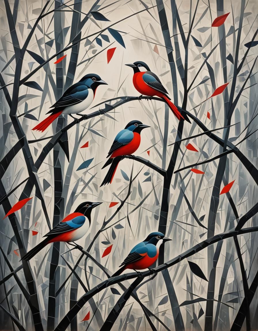 Mysterious Jungle Scene in Abstract Cubism Style