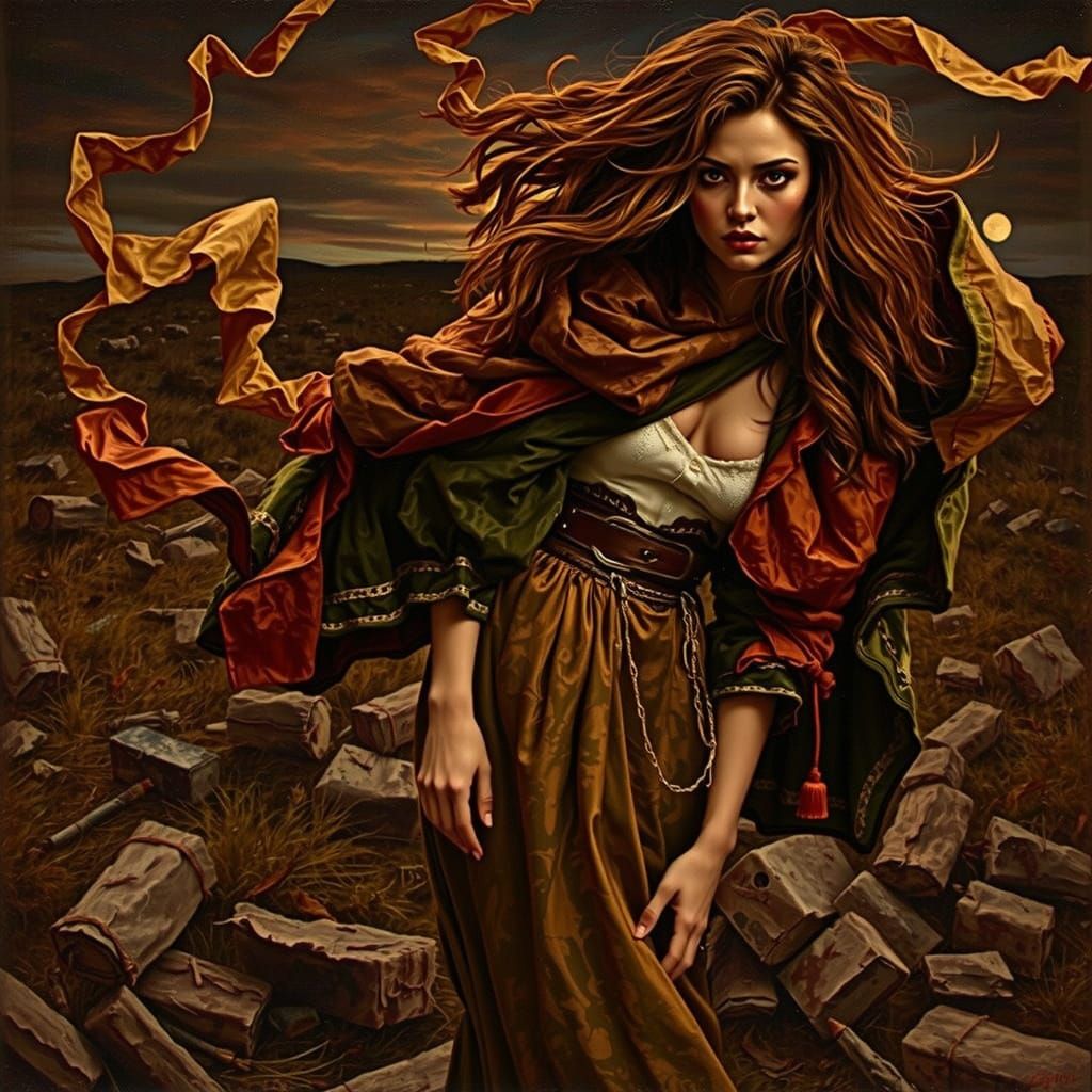 Woman in Tattered Luxury on Windswept Moor at Twilight