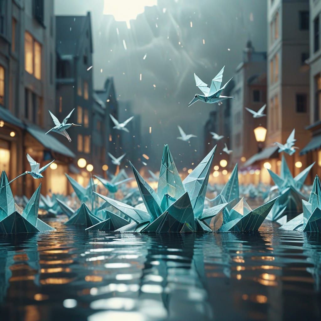 Origami Water Cityscape with Floating Cranes