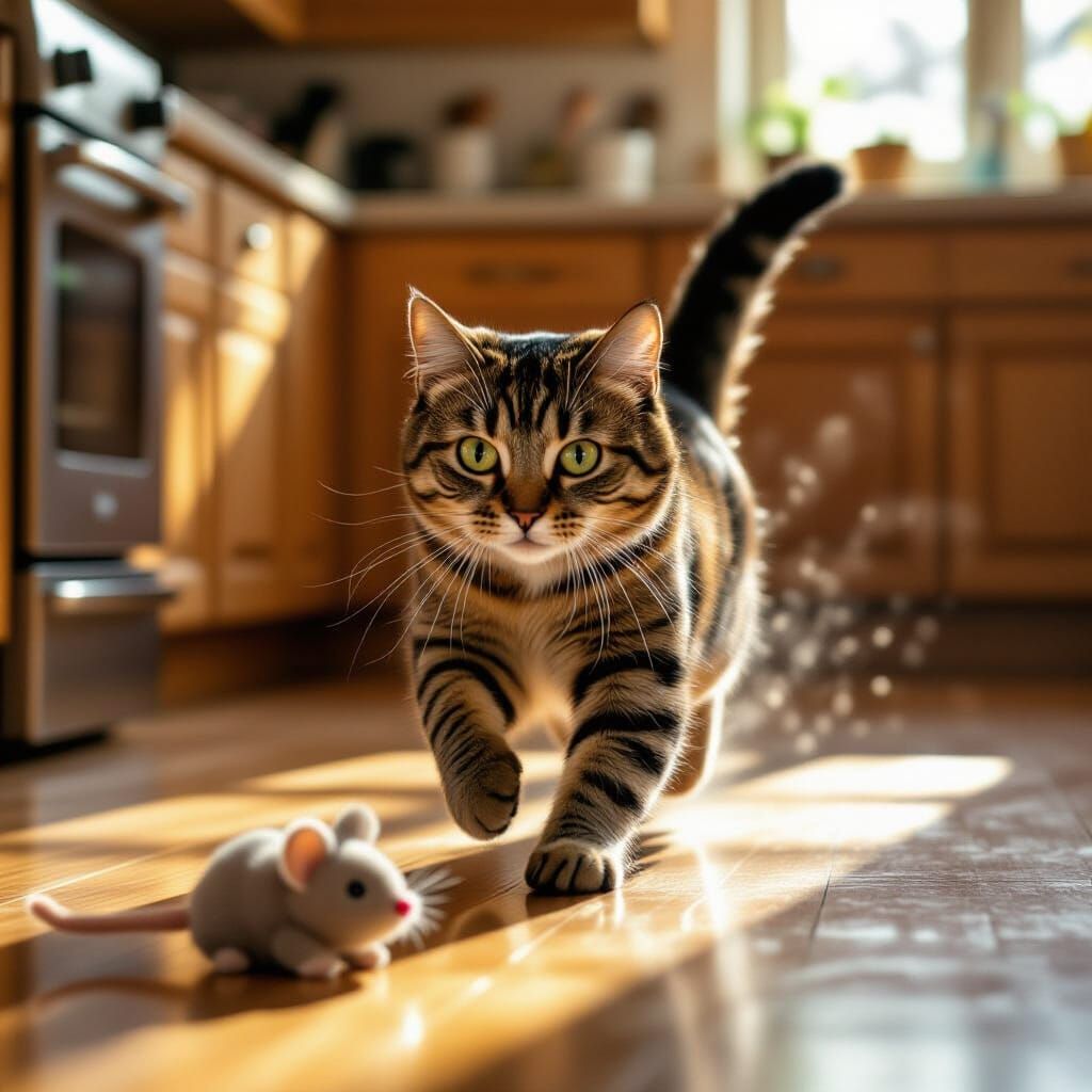 Tabby Cat Chase: Dynamic Kitchen Scene in Cinematic Style