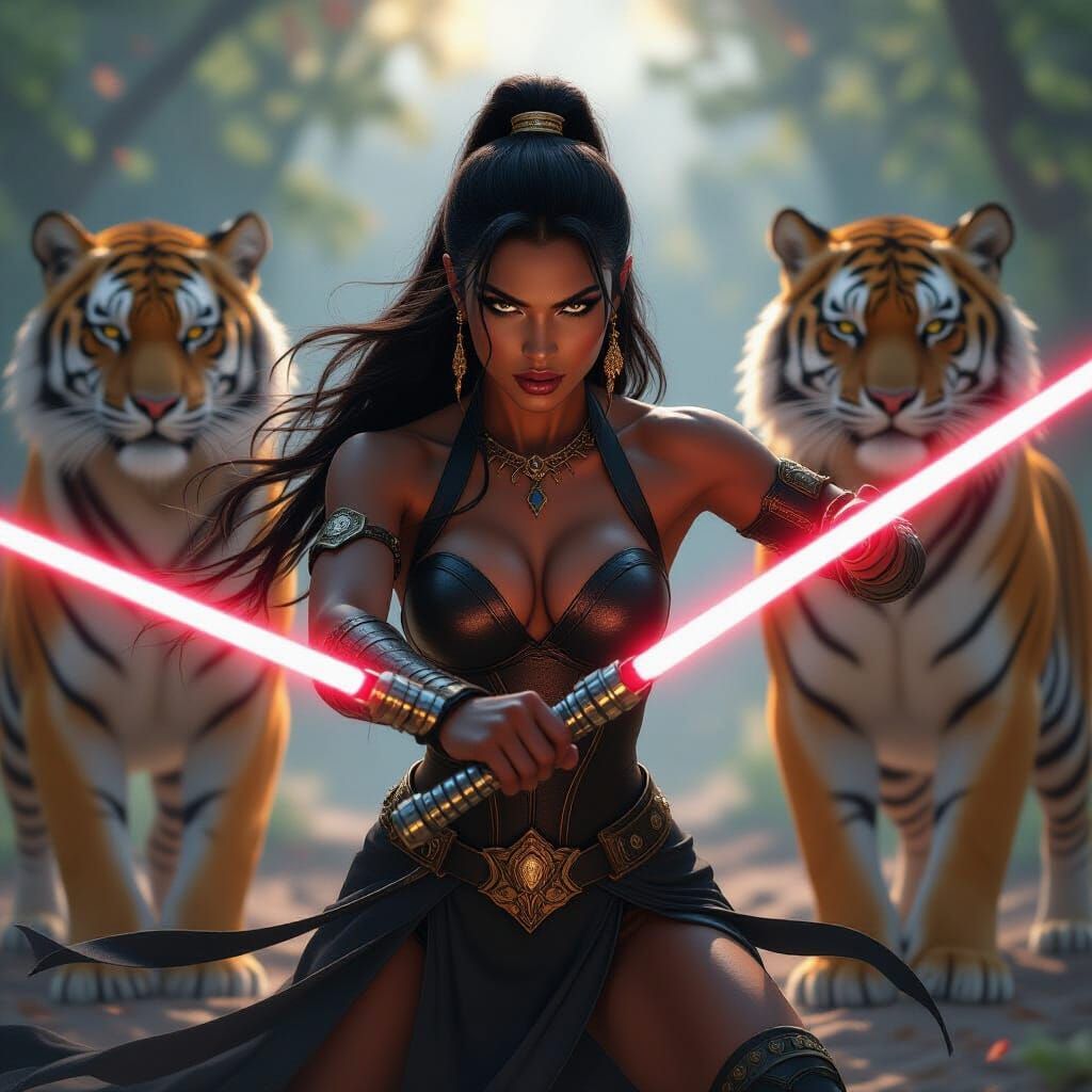 Ebony Nature Goddess Fights With Light Sabers and Tiger Guar...
