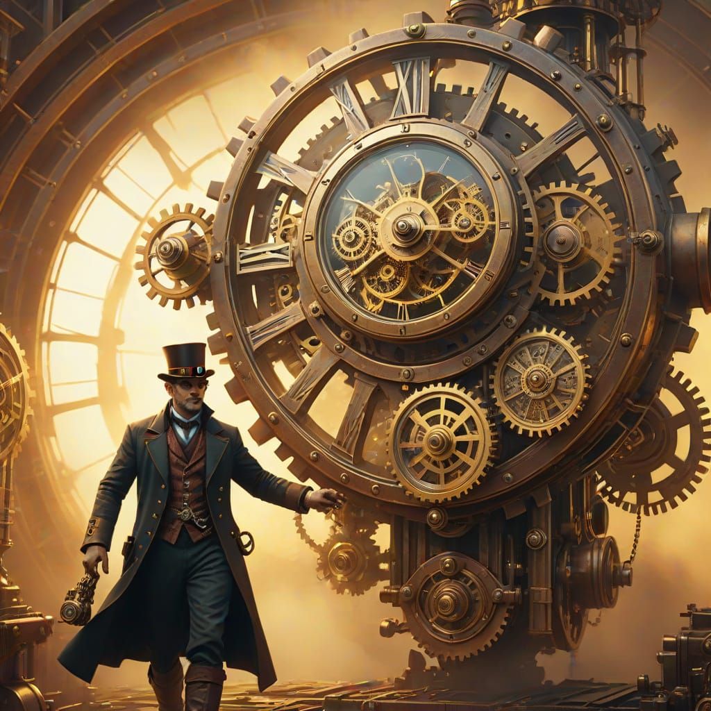 Inventor's Steampunk Time Machine Adventure in Golden Light