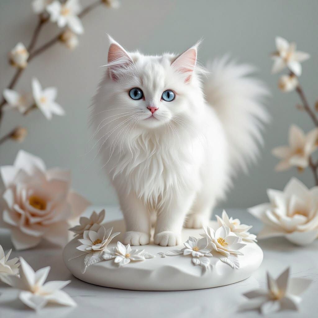 Fluffy White Cat on Resin Base with Floral Accents
