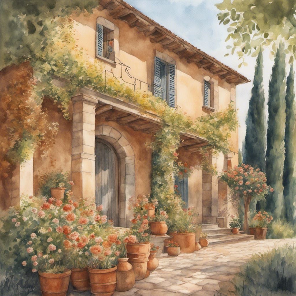 Idyllic Tuscan Villa Watercolour Pencil Illustration