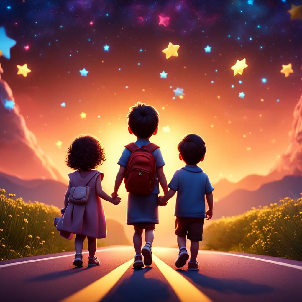 Toddlers Strolling Under Starry Sky: 3D Digital Art