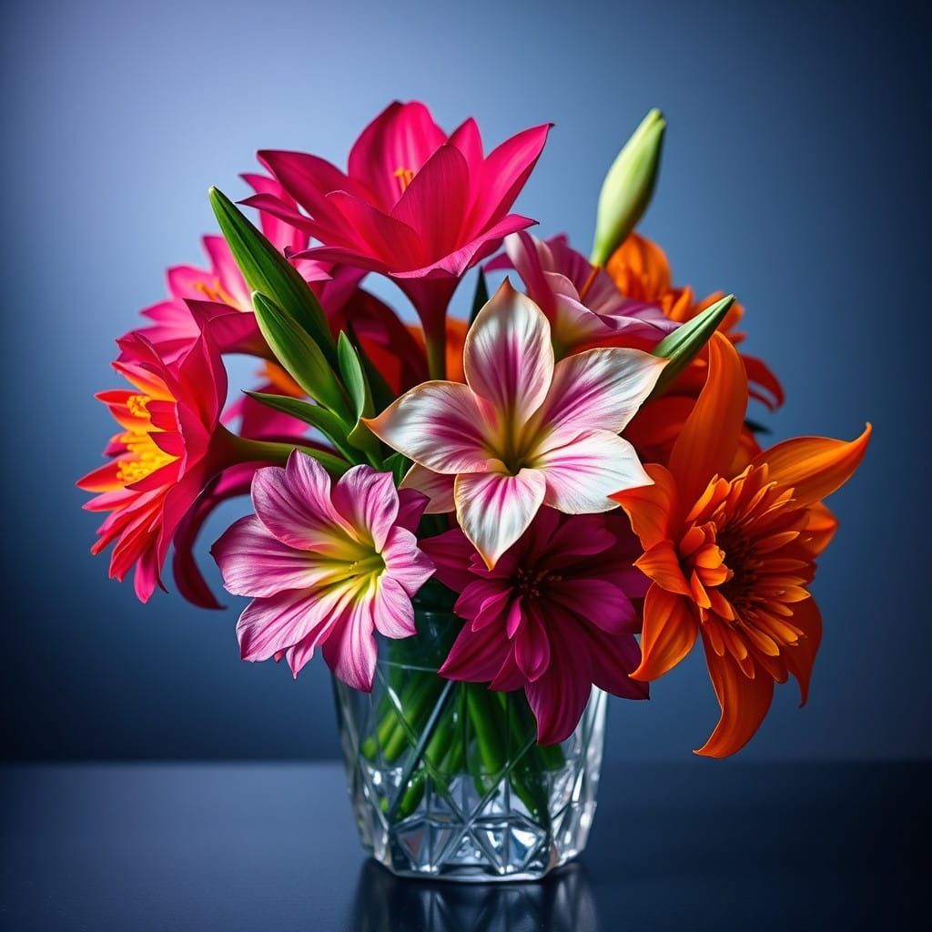 Exotic Flowers in Elegant Crystal Vase