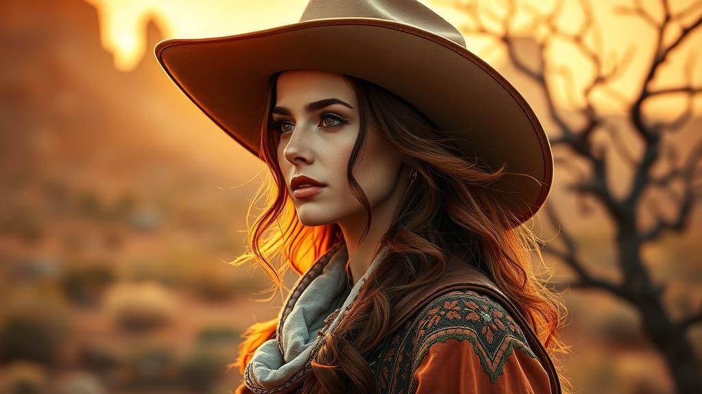 Elegant Woman in Classic Western Attire, Golden Sunset