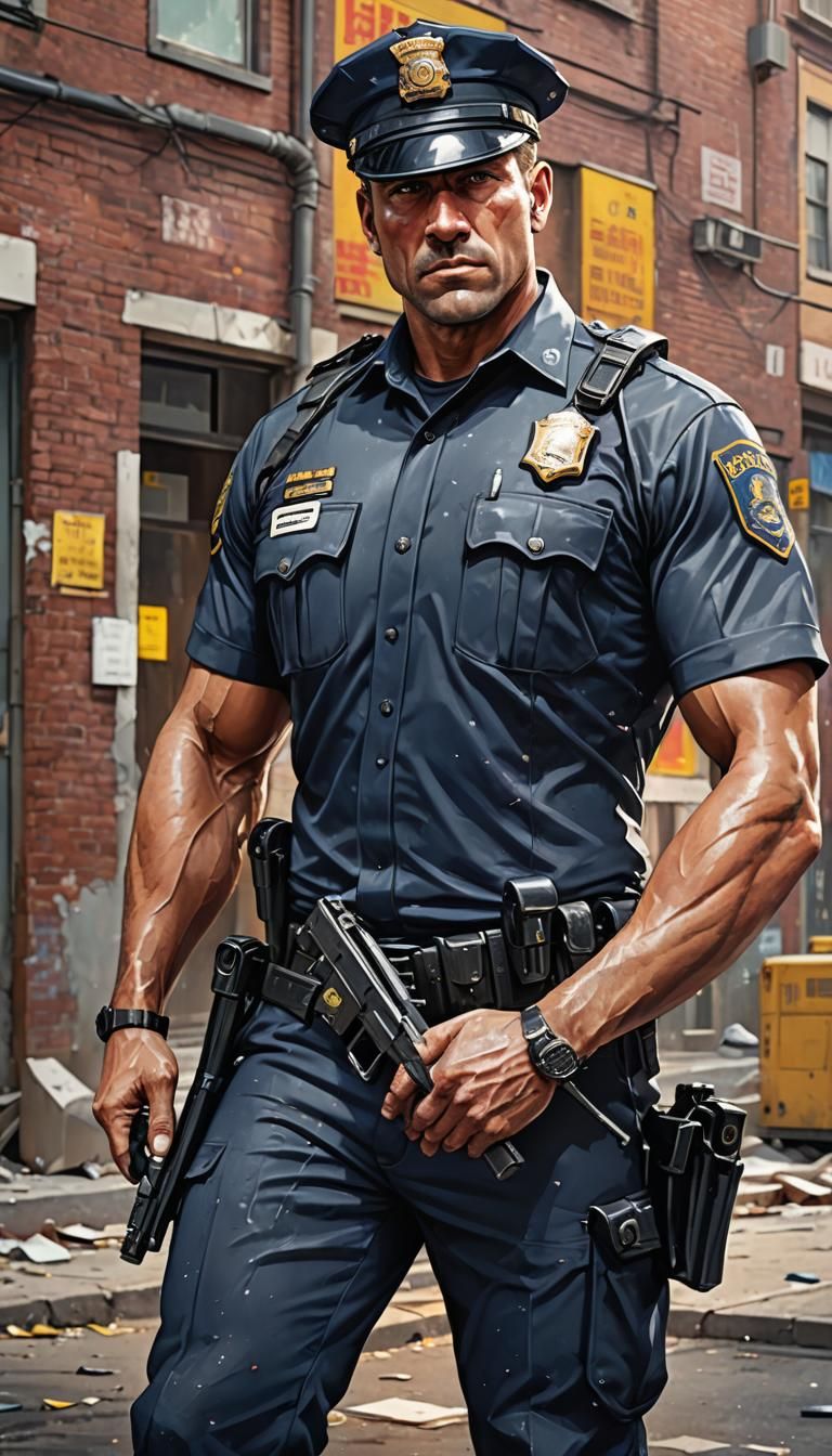 Muscular Policeman Outside Police Station in Hyperrealistic ...