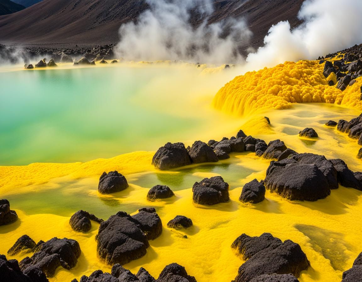 Volcanic Hot Spring with Bright Sulphur Crystals