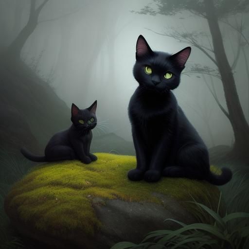 Black Cat and Kitten in Ethereal Fantasy Style