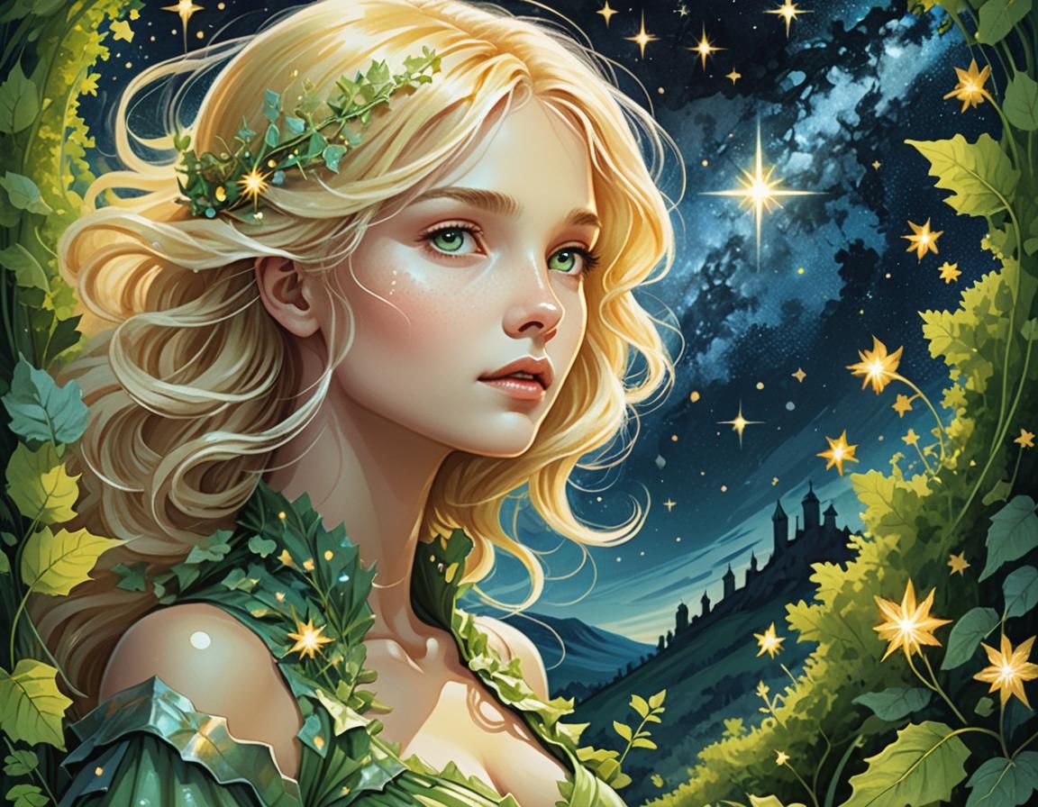 Ethereal Woman Bathed in Starlight: Mythical Illustration