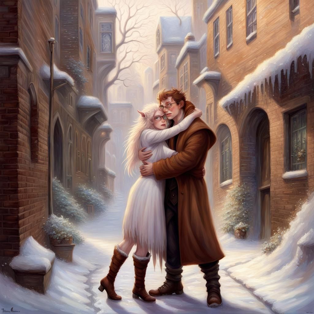 Albino Elf Queen Hugs Man in Snowy Alley