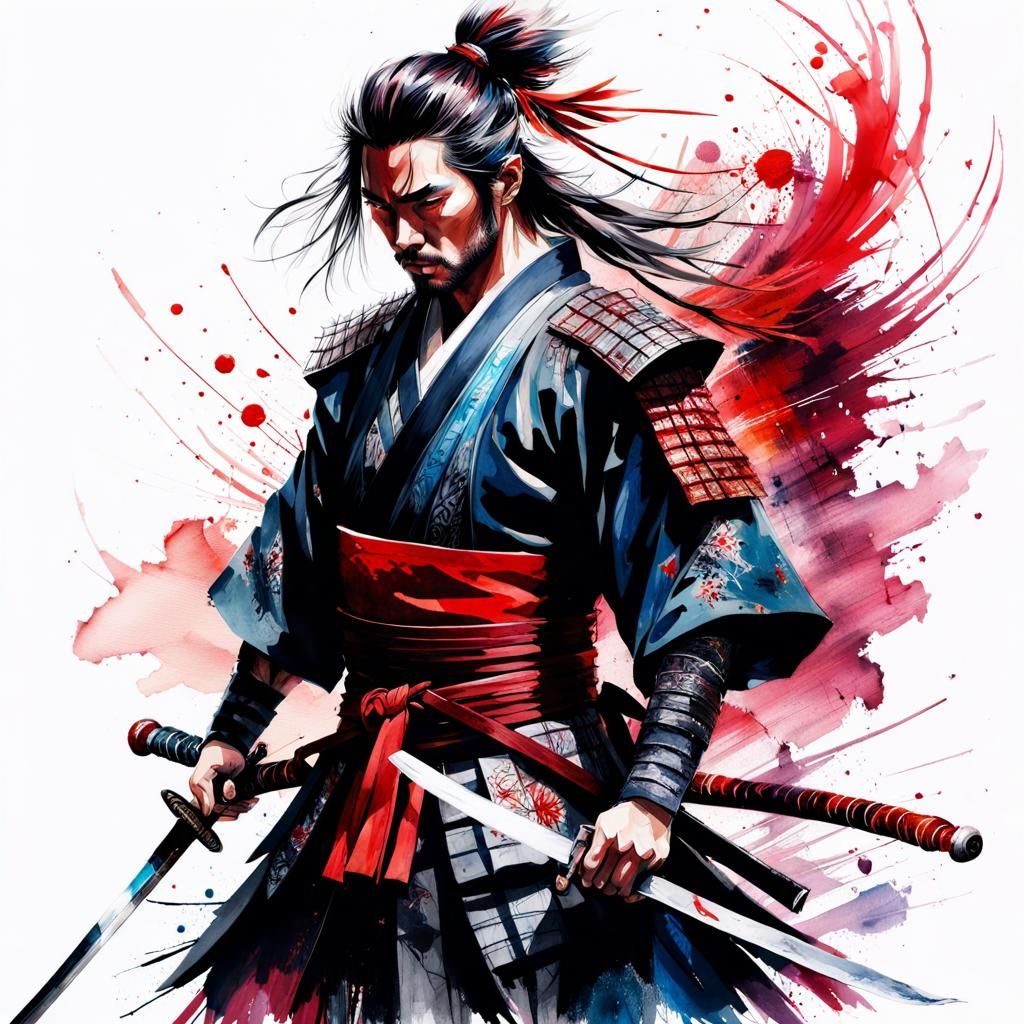Samurai Warrior with Red Katanas in Watercolor Style