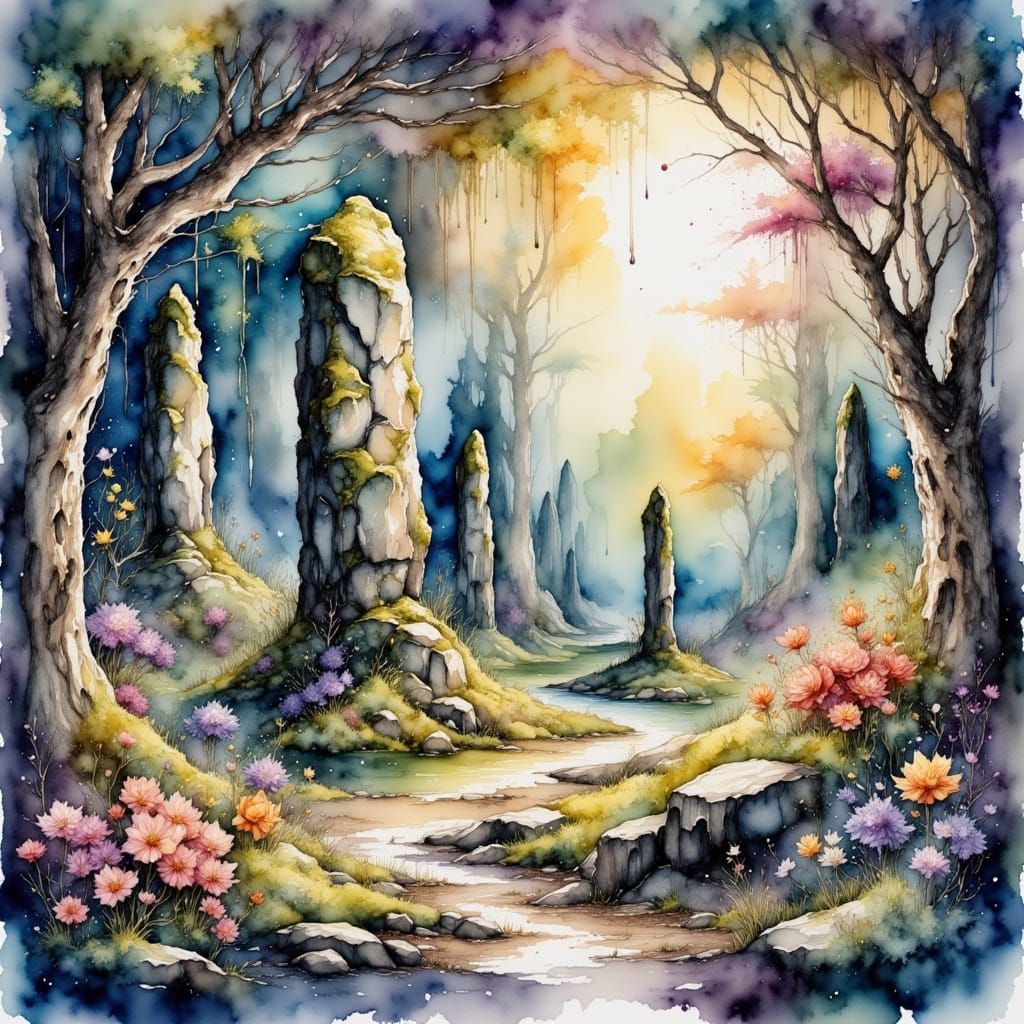 Enchanted Glade Graphite Sketch with Mossy Stones