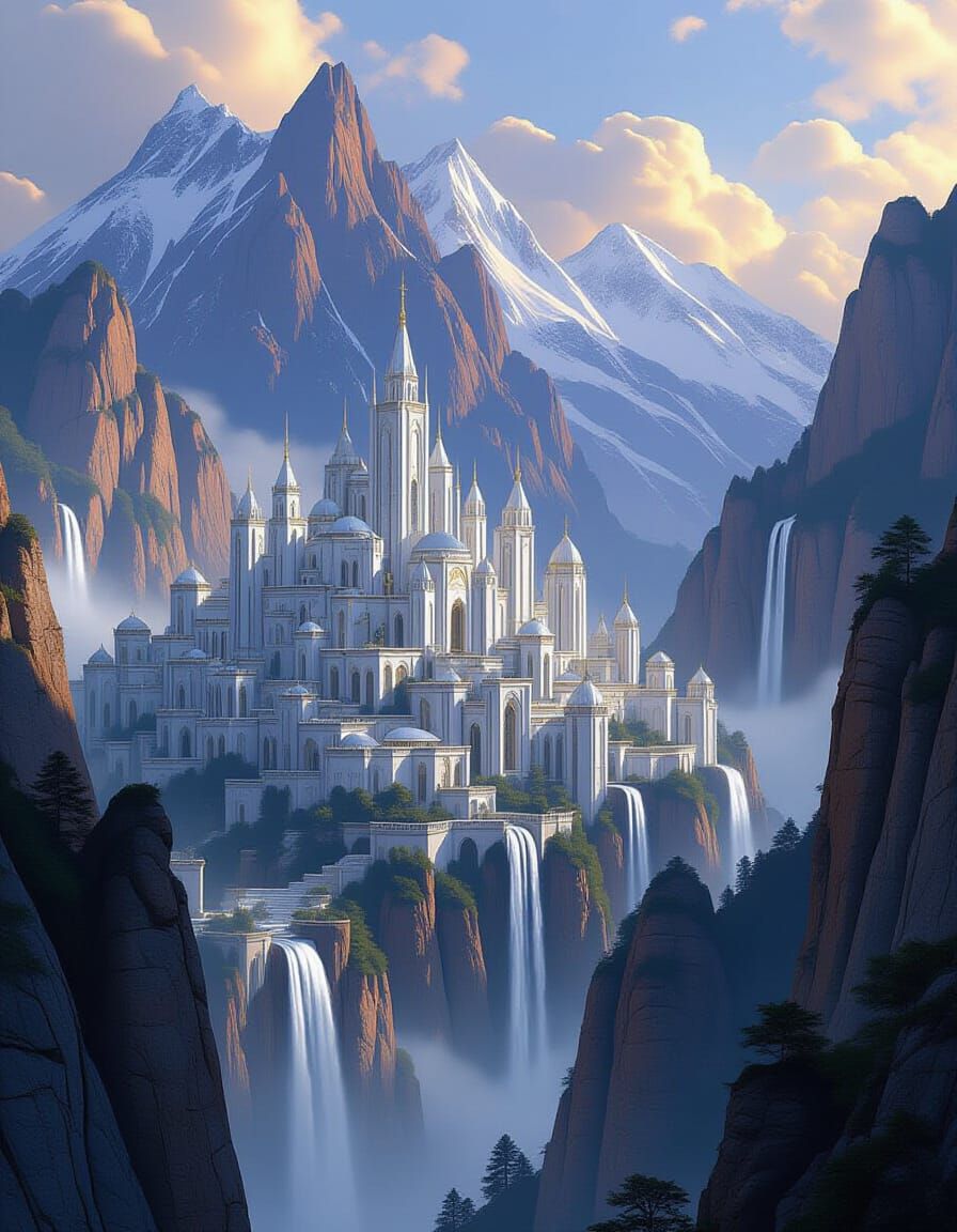 Elven Town with Waterfalls in Dark Fantasy Style