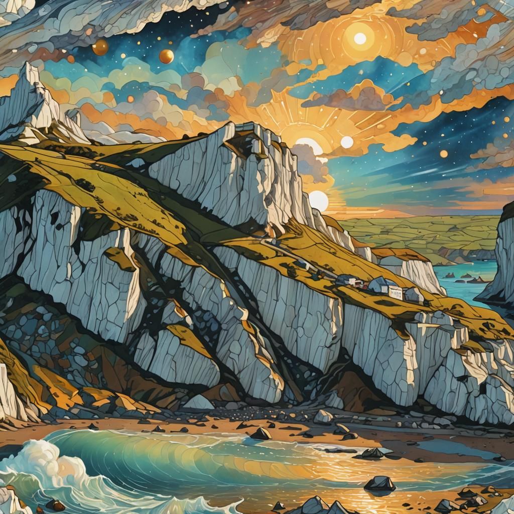 Dover's White Cliffs: Golden Hour Astral Illustration