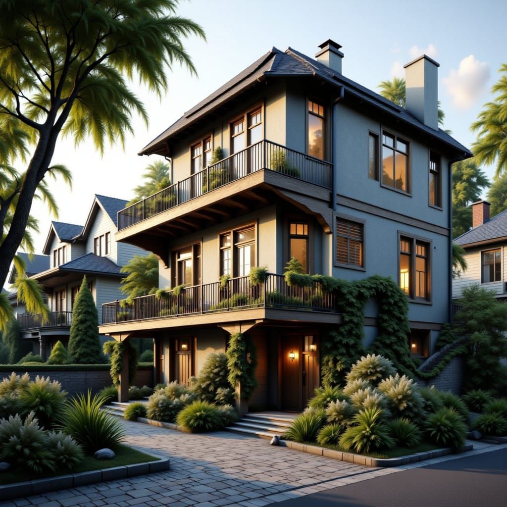 Suburban Harbor City House in Late Afternoon Light