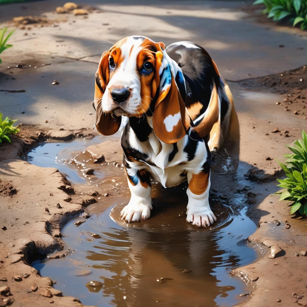 Hyperrealistic Basset Hound Puppy Splash Art
