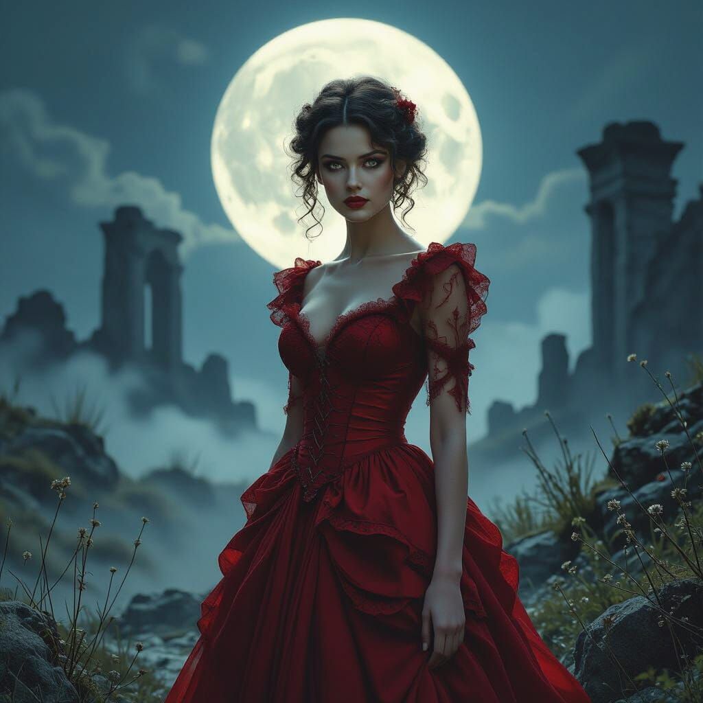 Crimson Blood Woman in Moonlit Ruins, Cinematic Film Still