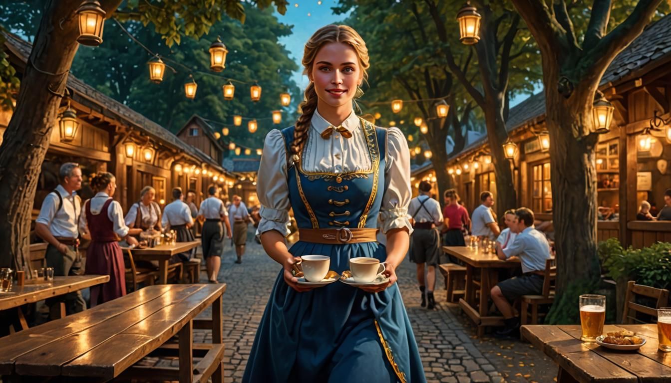 Bavarian Waitress in Beer Garden: Photorealistic 8K
