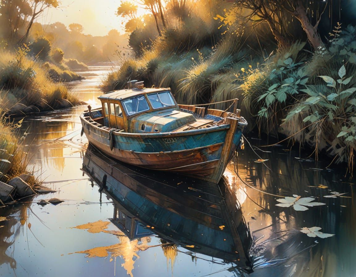Old Boat at Dock in Expressive Watercolour