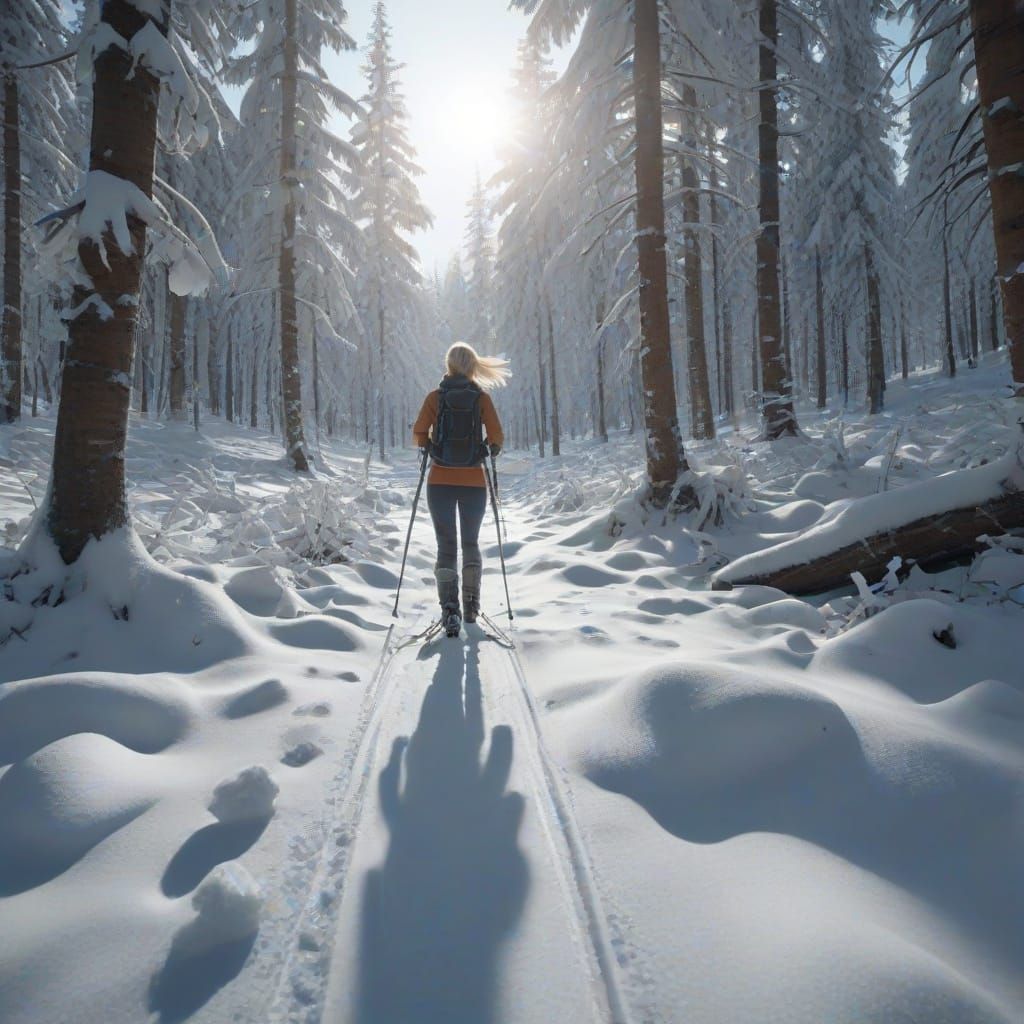 Woman Cross Country Skiing in Snowy Forest Valley