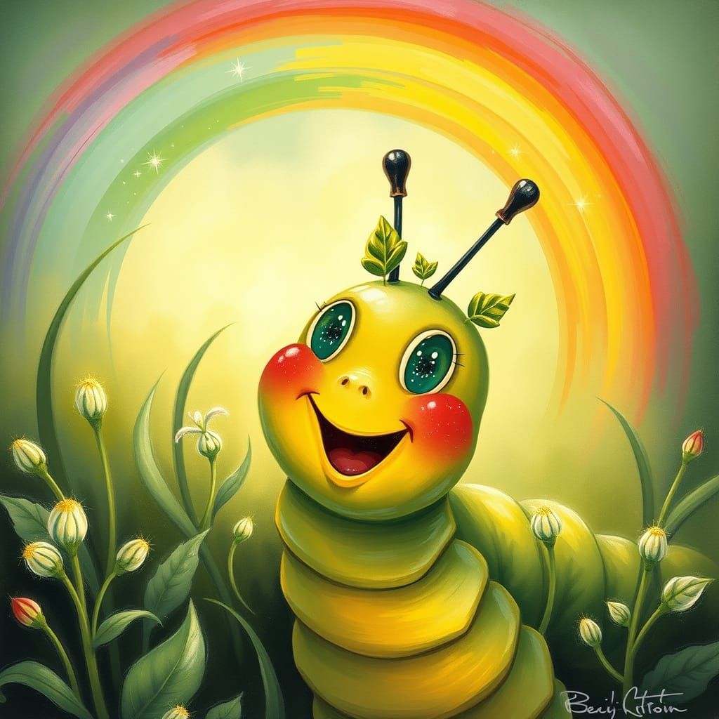 Happy Caterpillar Under Rainbow: Soft Oil Painting