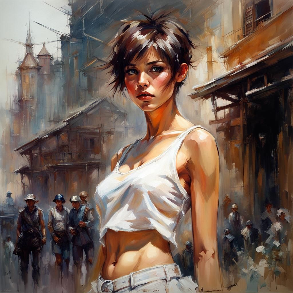 Stunning Woman In White Short Skirt And Sleeveless Bottomles...