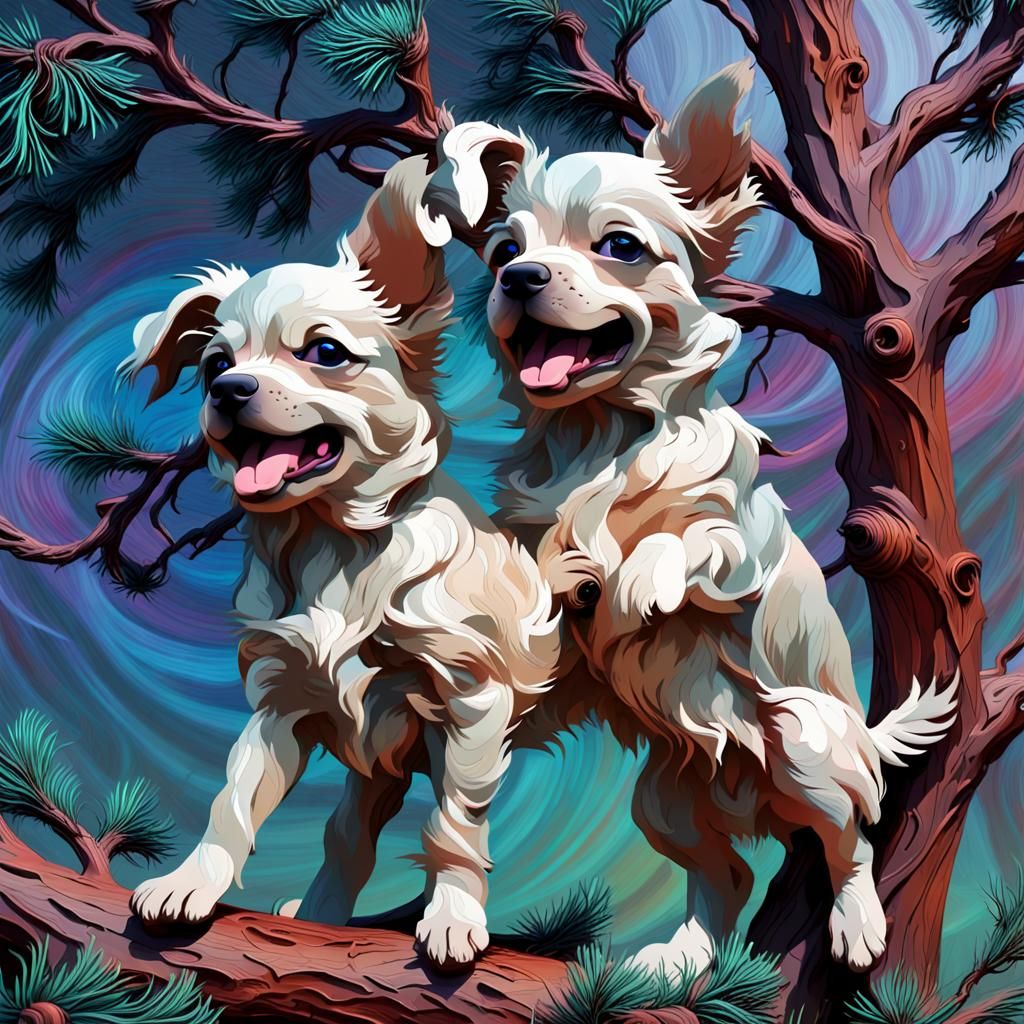 A majestic  emboss image of two   puppies under swaying pine...