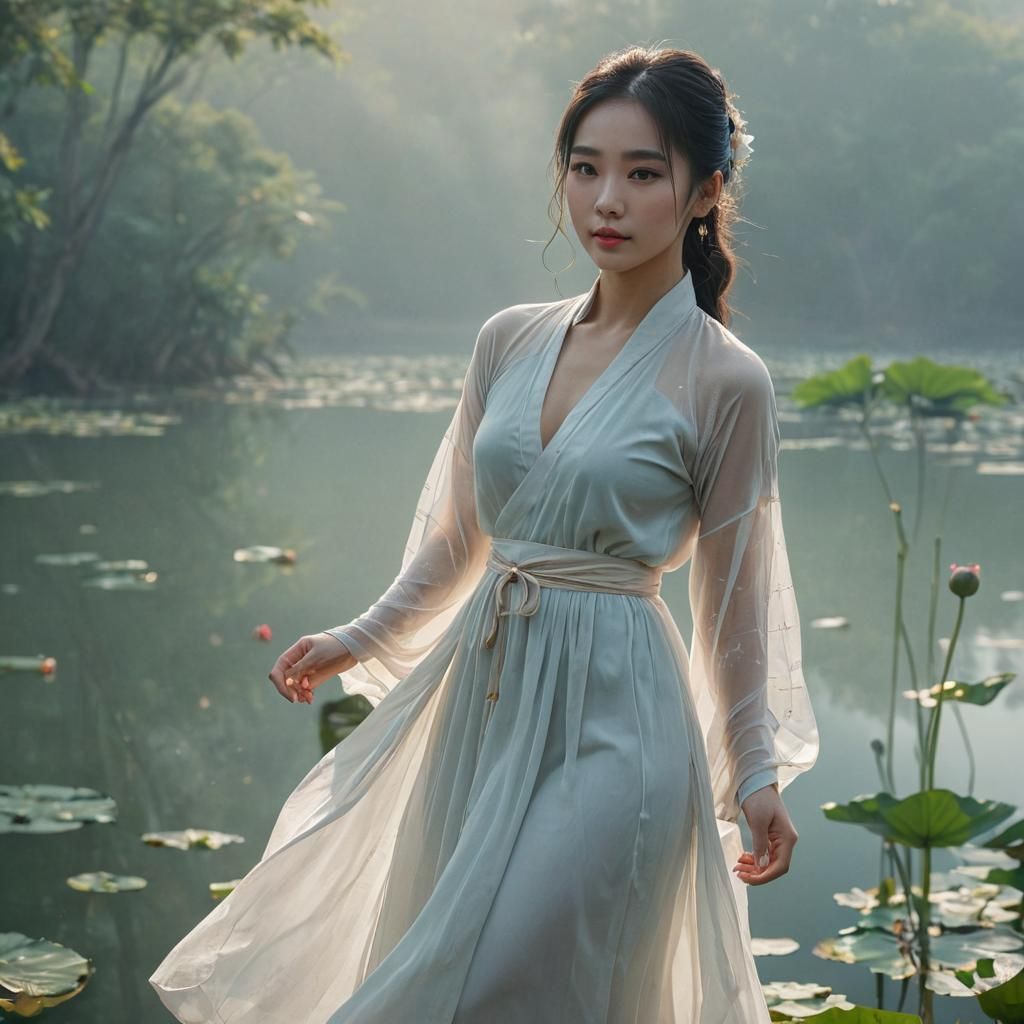 Vietnamese Woman in Hanfu Dress by Lotus Lake