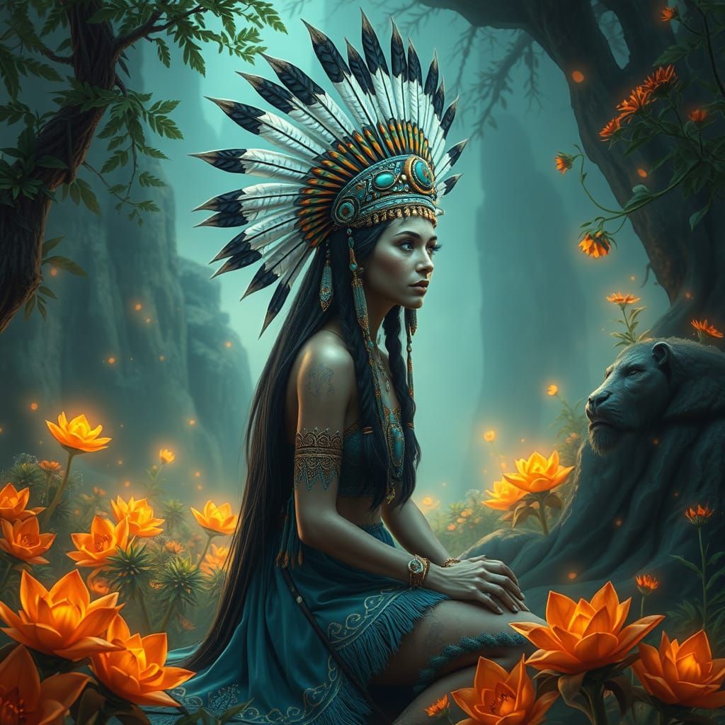 Native American Goddess in Ethereal Landscape