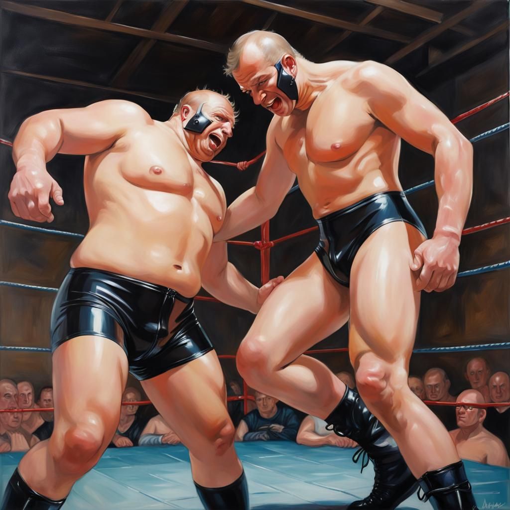 two men, latex shorts, wrestling,  acrylic art