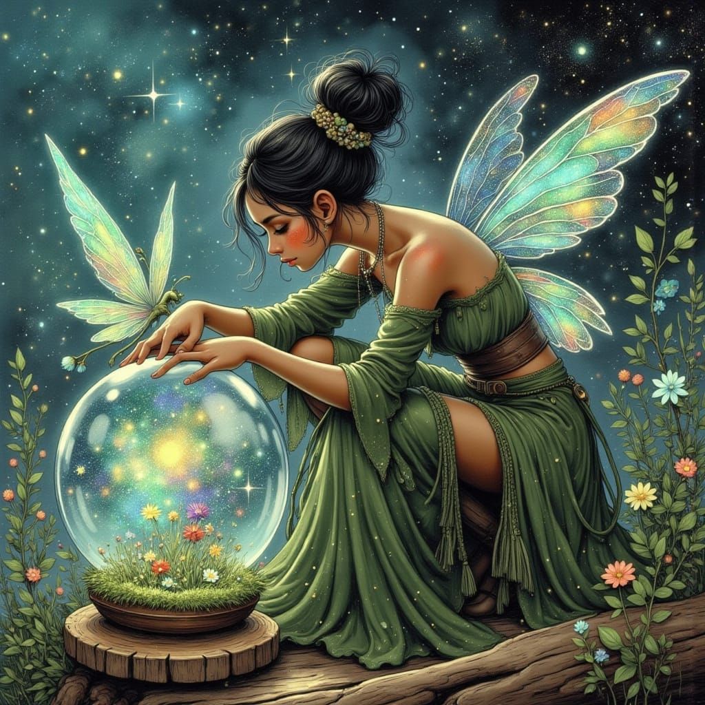 Cyberpunk Fairy Tending to Miniature Galaxy