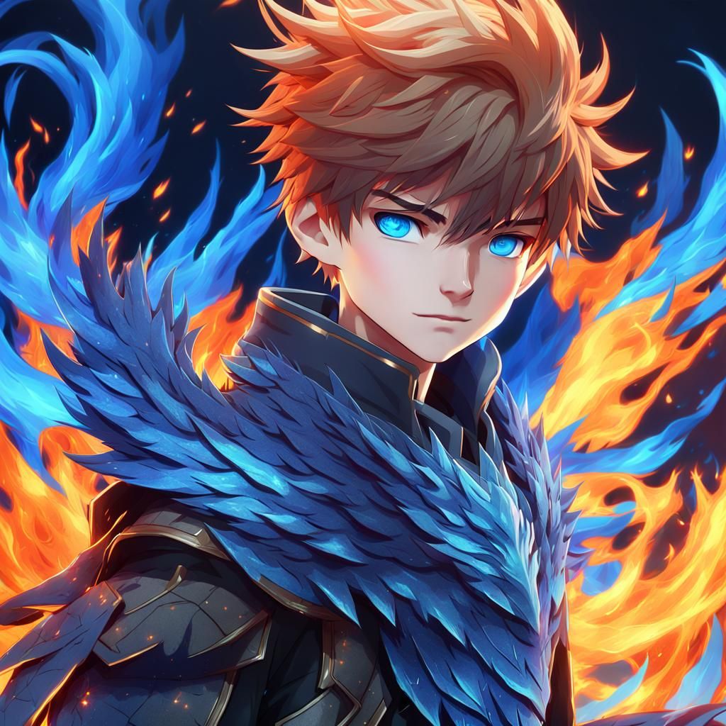 Fiery Phoenix Boy in Electric Blue Anime Style