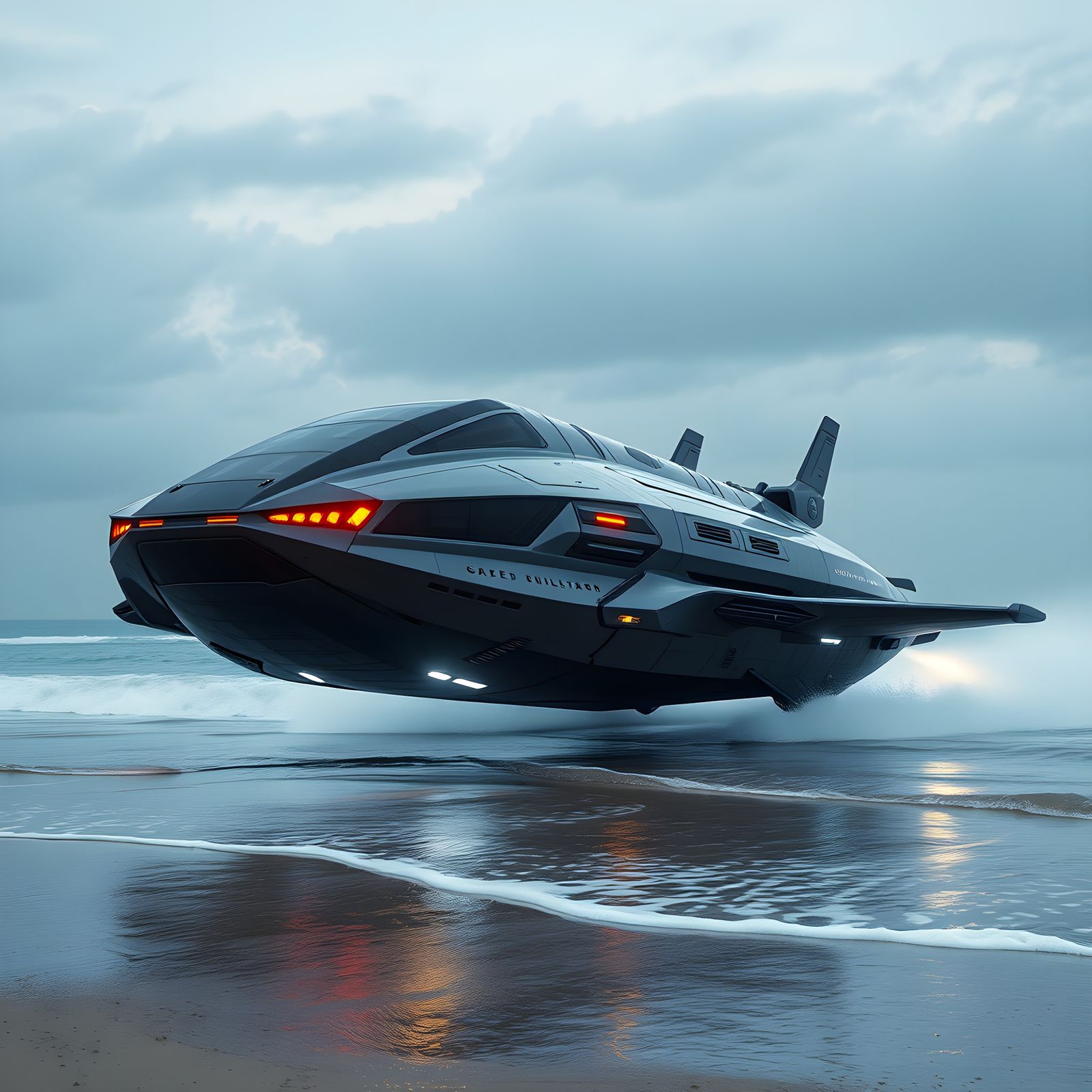 Futuristic Hovercraft Landing on Beach: 3D Render