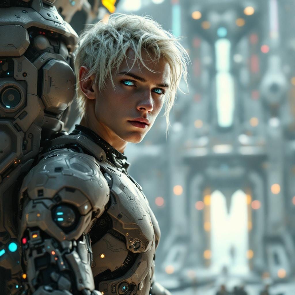 Epic Elf Cyborg Piloting Battle Mech in Sci-Fi Station