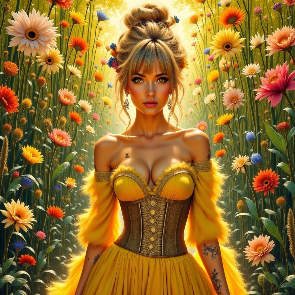 Elegant Woman in Trashpunk Style Garden